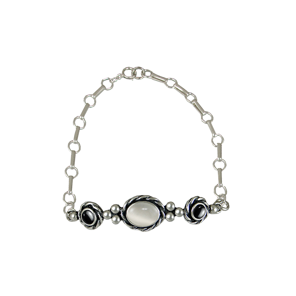 Sterling Silver Gemstone Adjustable Chain Bracelet With White Moonstone And Hematite